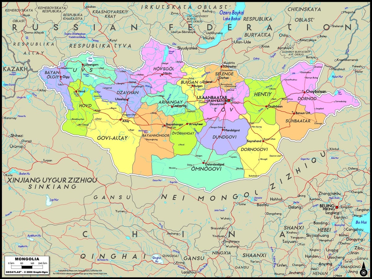 carte physique de la Mongolie