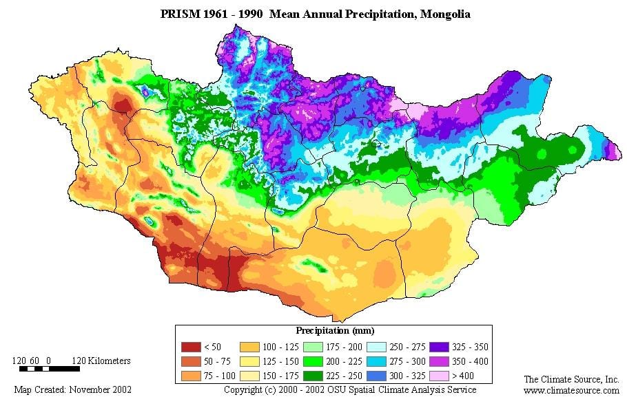 carte de la densité de la population de la Mongolie
